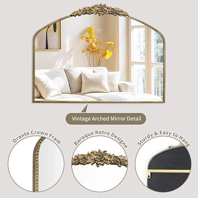 Vintage Gold Arched Mirror 40"X30",Antique Baroque Mantel Mirror with Ornate Metal Frame for Entryway/Fireplace/Living Room/Hallway/Bathroom/Bedroom