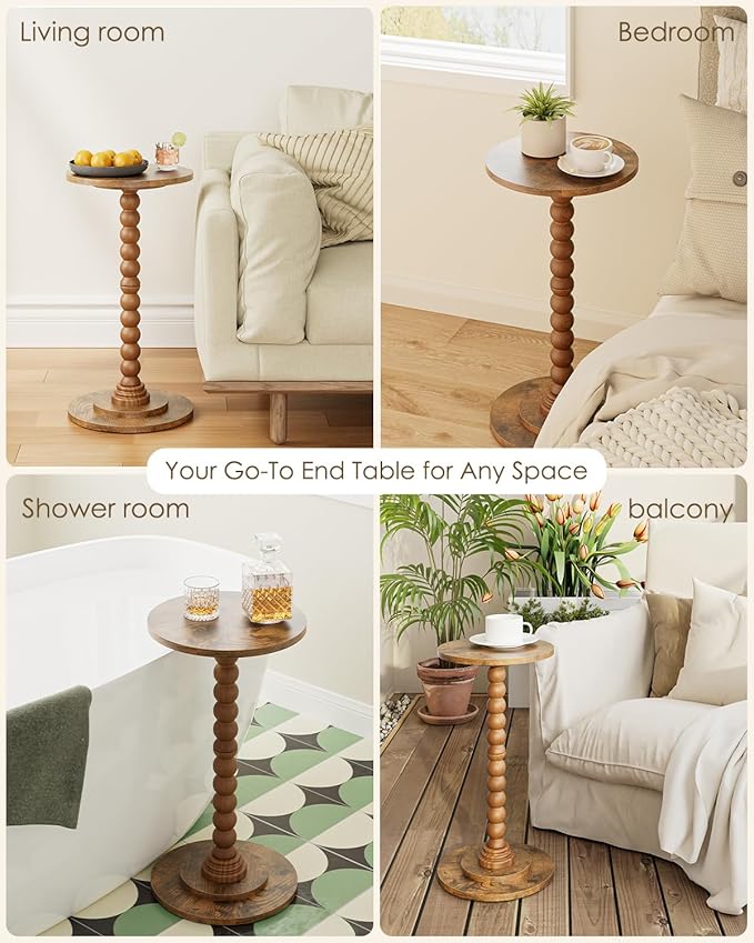 Masupu Round Side Table, Small Drink Table for Small Spaces, Pedestal End Table with Solid Wood Leg for Living Room, Bedroom, Corners(Rustic Brown)