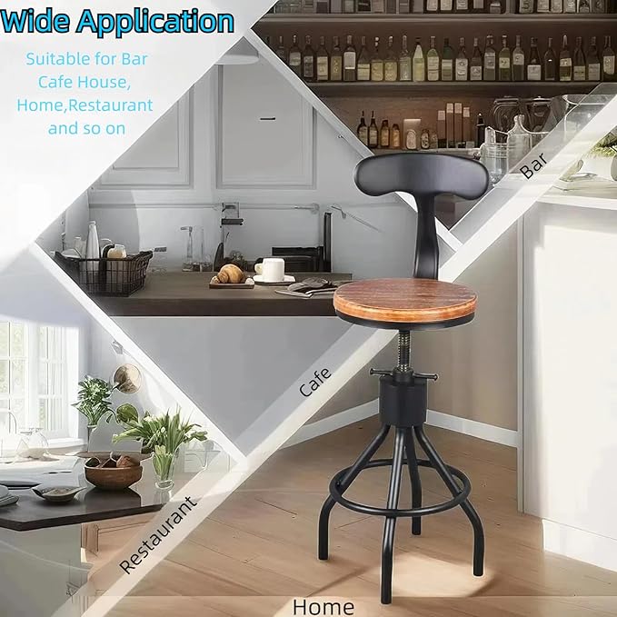 Set of 2 Industrial Bar Stools with Backrest 23-33inch Swivel Wooden Seat Kitchen Island Dining Chair Counter Stool Height Adjustable
