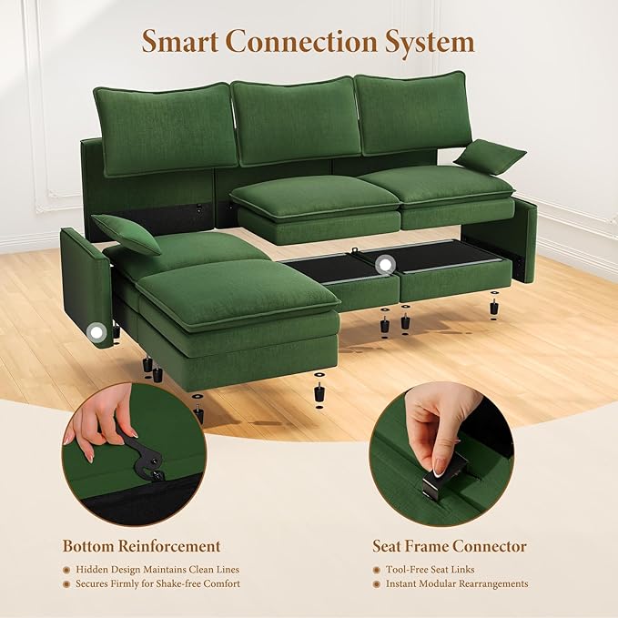 Vesgantti 108" U Shaped Sectional Couch, Comfy Cloud Modular Sectional Sofa with 2 Ottoman Deep Seat Chenille Modern Cloud Sofa, Modular Sofas for Living Room, Bedroom and Apartment, Green