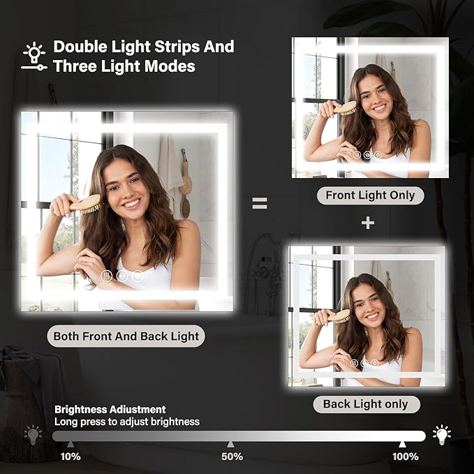 36x36 LED Bathroom Mirror, Backlit + Front Lit, LED Bathroom Mirror with Lights for Wall, 3 Colors, Anti-Fog, Dimmable Brightness, Memory Function, Tempered Glass