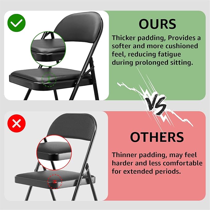 4 Pack Folding Chairs with Padded Cushion & Back, Padded Folding Chairs for Home, Office, Indoor, Outdoor Events (Black, 4 Pack)