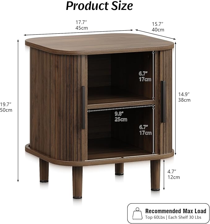 Fluted End Table with Sliding Tambour Door, Mid-Century Modern Bedside Table with Storage, Small Nightstand for Bedroom Living Room Side Table