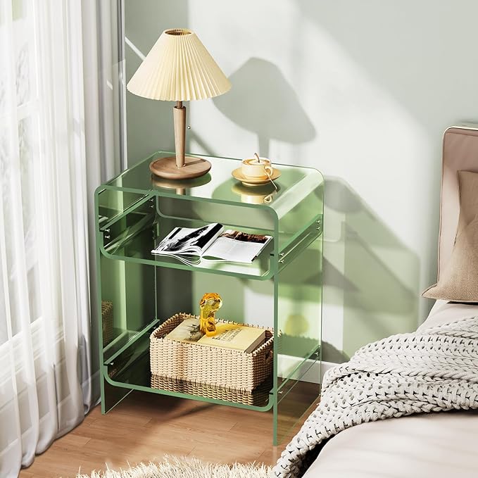 Acrylic Record Player Table with Storage Shelf, Clear Side Table Nightstand (Green)