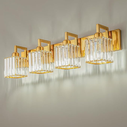 Modern Crystal Bathroom Vanity Light - 4-Lights Gold Brushed Brass Finish Wall Lamp