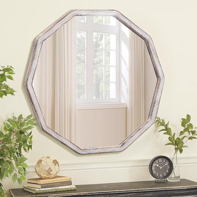 ULIKE White Wood Mirror for Wall, 30 Inch Rustic Farmhouse Mirror with Wood Frame, Decorative Wall Mounted Vanity Mirrors for Bathroom Bedroom Living Room Entryway