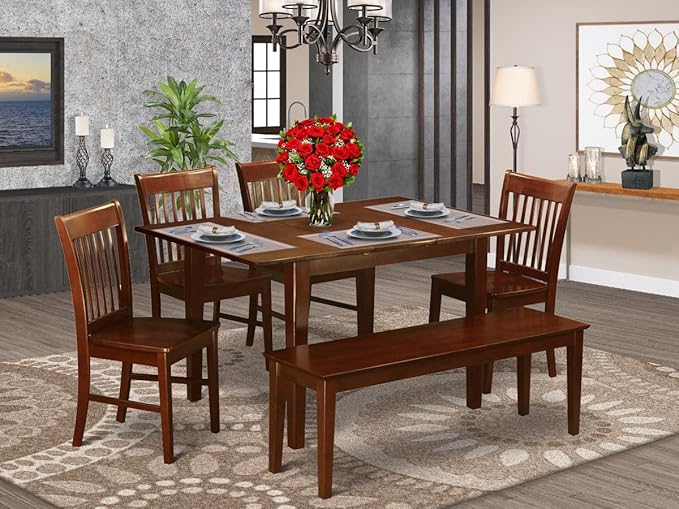 East West Furniture PSNO6C-MAH-W 6 Piece Kitchen Table & Chairs Set Contains a Rectangle Dining Room Table with Butterfly Leaf and 4 Dining Chairs with a Bench, 32x60 Inch, Mahogany