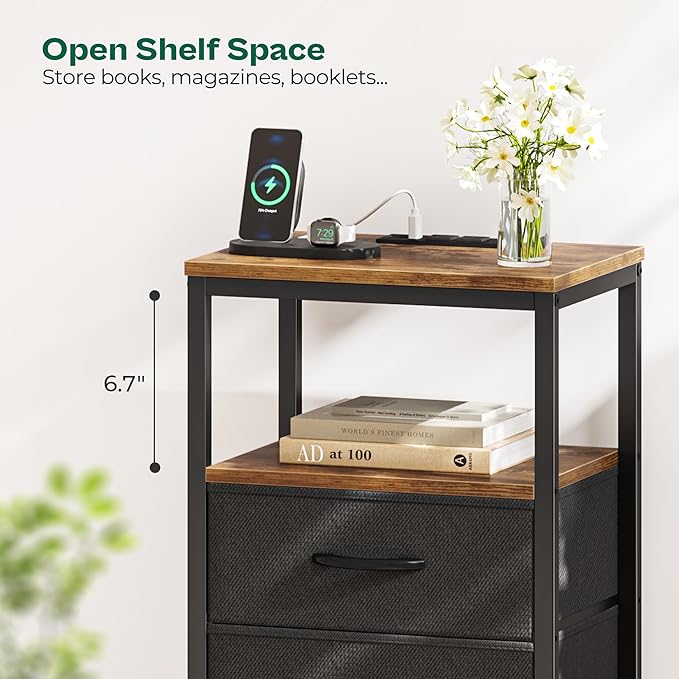 Huuger 5 Drawers Tall Dresser with Charging Station, Dresser for Bedroom, Tall Night Stand, Chest of Drawers with Open Shelf, Bedside Table Nightstand, Fabric, Rustic Brown and Black