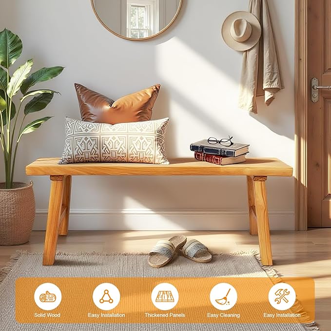 Farmhouse Solid Wood Bench: Long Rustic Indoor Narrow Wooden Bench for Entryway,Living Room, Dining Room,End of Bed,Hallway (47" Lx10 Wx18 H)