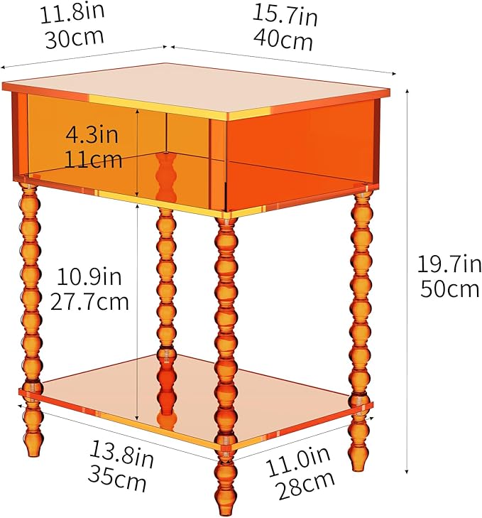 Acrylic Side Table, Clear 3-Tier End Table with Storage, Nightstand for Living Room, Bedroom, Office (Orange, 11.8 ×15.7 × 19.7)
