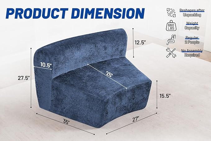 Homguava Modular Sectional Sofa, Memory Foam Couch Single Sofa Chair with Deep Seat, Modern Upholstered Sofa Couches for Living Room Apartment Office, No Assembly Required, Blue