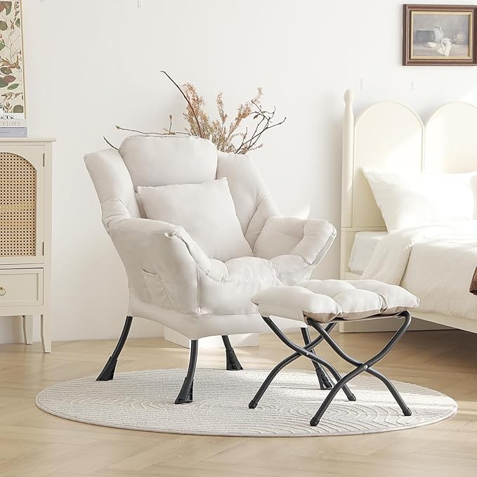 Lazy Chair with Ottoman, Modern Large Accent Lounge Chair with a Pillow, Leisure Sofa Armchair with Ottoman, Reading Chair with Footrest for Bedroom, Living Room, Dorm Room,Peach Beige