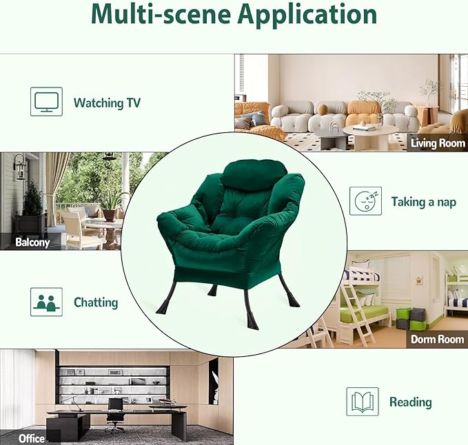 Lazy Chair Thick Padded, Comfy Velvet Accent Lounge Chair with Stable Frame, Leisure Sofa Armchair with Armrests and Side Pocket, Reading Chair for Bedroom, Living Room, Office, Green