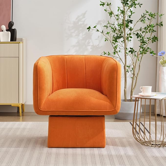 Swivel Accent Chair with Armrest, Modern Velvet Barrel Chair 360 Degree with Curve Back and Soft Cushion,Comfy Round Armchair Reading Chair Single Sofa for LivingRoom,Bedroom,Waiting Room,Orange