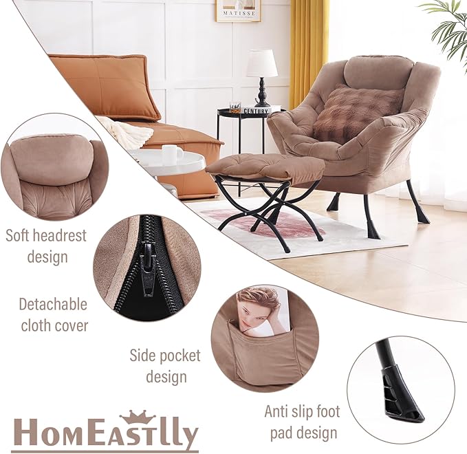 Large Lazy Chair with Ottoman, Accent Reading Chair with a Throw Pillow, Cozy Lounge Chair with Armrest, Leisure Sofa Chair for Living Room, Bedroom, Dorm, Khaki