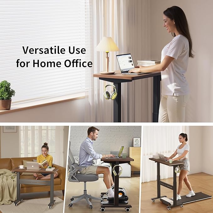 Mobile Walking Pad Desk with Wheels, Pneumatic Small Rolling Standing Desk Riser Height Adjustable (28-43.7") for Treadmill, Portable Computer Table for Home Office, Black Walnut