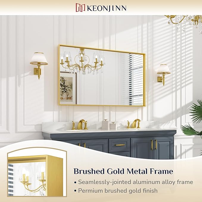 Keonjinn Gold Bathroom Mirror 48 x 30 Inch Gold Trimmed Bathroom Wall Mirror Large Brushed Metal Frame Mirror for Over Sink, Modern Farmhouse Vanity Rectangle Mirror(Horizontal/Vertical)