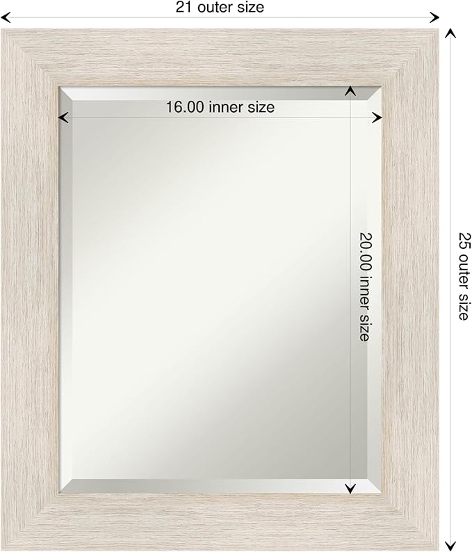 Amanti Art White Bathroom Mirror for Over Sink, 25x21 Hardwood White Wash Rectangle Vanity Mirror, Small Rustic Farmhouse Wood Frame, Hangs Horizonally and Vertically, Bathroom Wall Decor, Beveled
