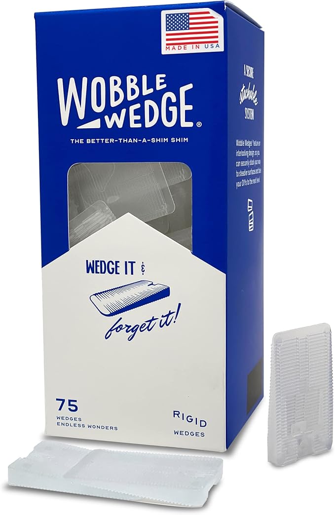 The Original Wobble Wedge Rigid Plastic Shims-MADE IN USA - Heavy-Duty Leveling Wedges for Furniture, Tables, Toilets, Home Improvement & Work Projects-Transparent Plastic Shim, Leveling Feet, 75 Pack