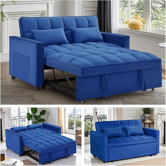 3 in1 Sofa Bed, Pull-Out Sleeper Sofa Bed with 3-Level Adjustable Backrest, Velvet Fabric Convertible Love Seat Sleepers Beds for Living Room & Bedroom & Apartment, Blue