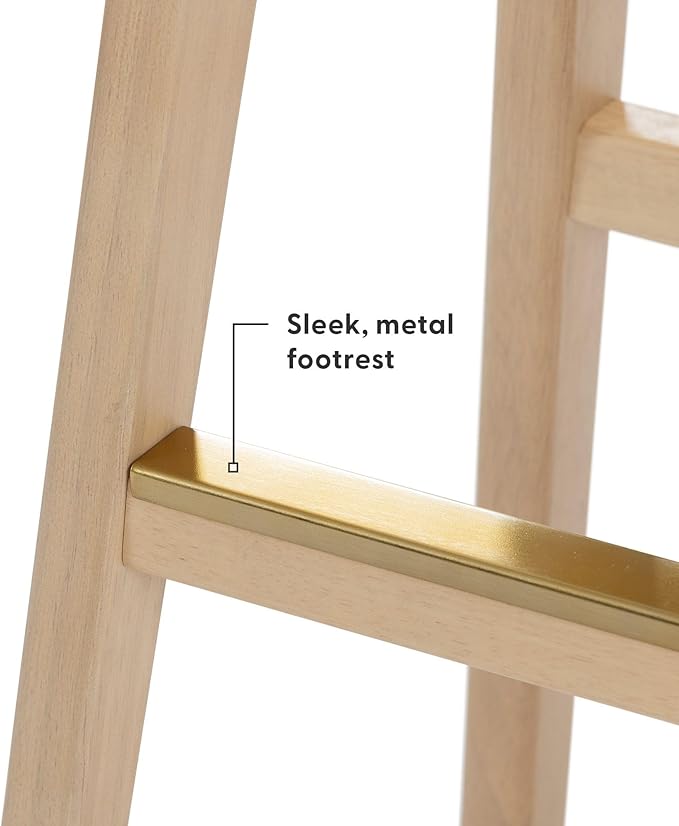 Plank+Beam Beryl Bar Height Stool - Mid-Century Modern Rubberwood Bar Stool with Faux Leather Seat, Metal Footrest, Easy Assembly, 4-Pack, Blonde/Sesame