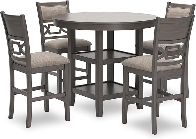 Signature Design by Ashley Wrenning Modern Diamond Patterned Counter Height Dining Table and 4 Upholstered Bar Stools with 2 Shelves, Set of 5, Gray & Light Gray