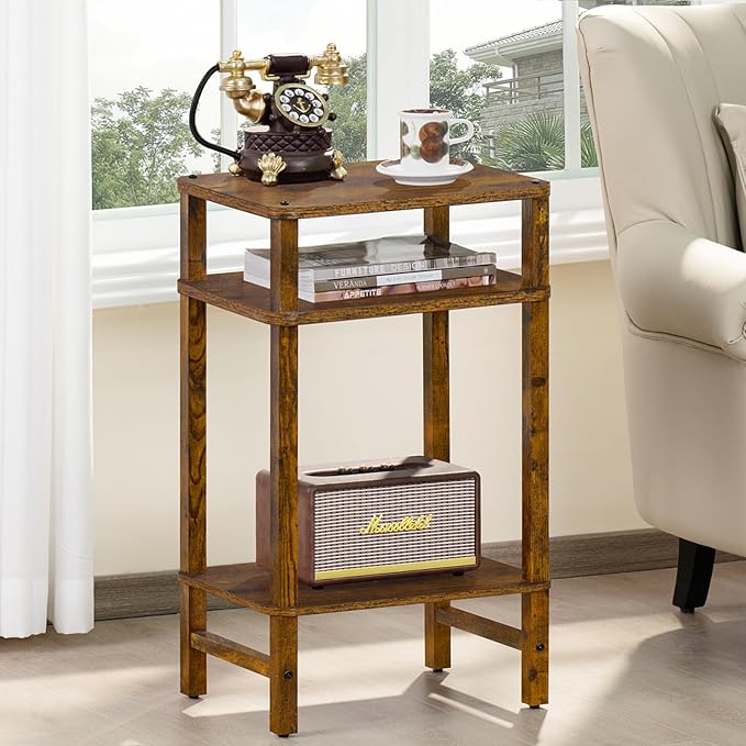 28in Tall Side Table Set of 2, 3-Tier Small Narrow End Table for Couch, Skinny Nightstand for Small Space, Farmhouse Slim Night Stand with Storage, Wooden Frame Thin Bedside Table, Brown