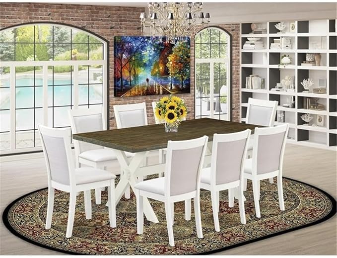 East West Furniture X077MZ001-9 9 Piece Dining Room Table Set Includes a Rectangle Dining Table with X-Legs and 8 Cream Linen Fabric Upholstered Parson Chairs, 40x72 Inch, Multi-Color