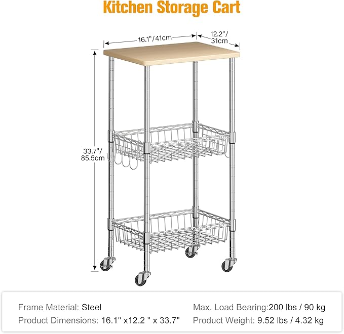 Rolling Kitchen Storage Cart, 3-Tier Storage Rack on Caster Wheels with Adjustable 2 Baskets, Coffee Station Cart Rack Shelf Organizer for Living Room Office, Balcony, Chrome/Silver