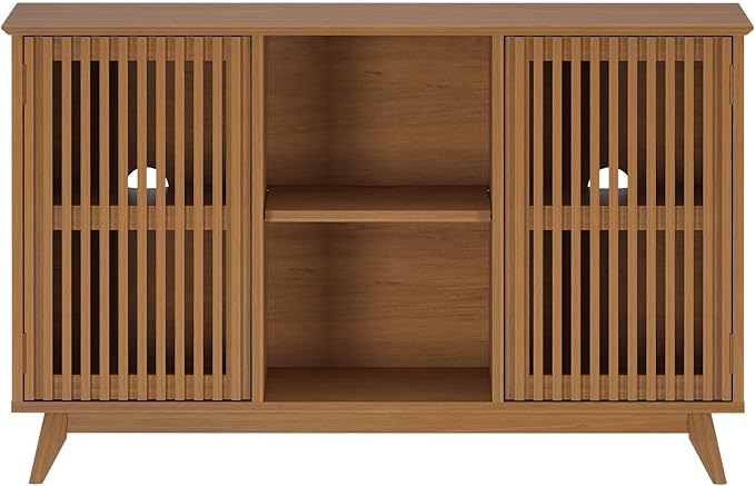 Plank+Beam Mid-Century Modern Wood TV Stand, Solid Wood Entertainment Console with Storage, 49" L x 16" W x 30" H, Pecan