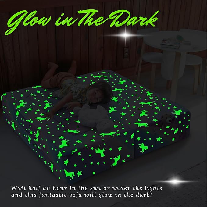 MeMoreCool Glow in The Dark Kids Couch, Rainbow Fold Out Toddler Sofa, Modular Play Couch for Bedroom and Playroom, Baby Sofa Kids Furniture