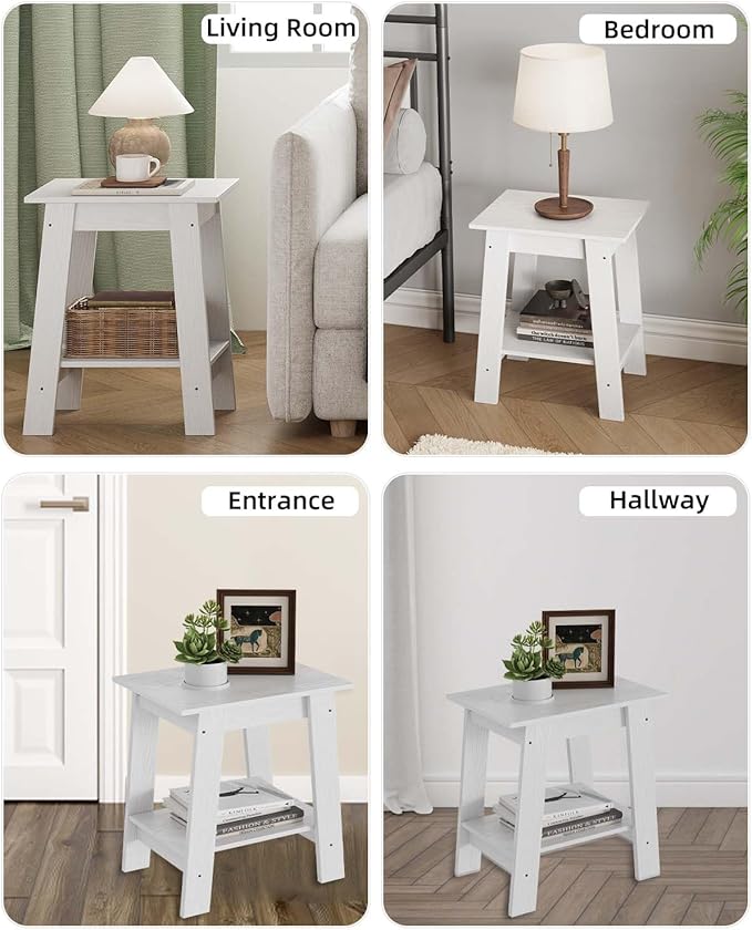 Garvee End Table, Side Table with 2-Tier Storage Shelf, Sofa Table for Small Space, Square Nightstand for Entryway, Farmhouse, Living Room, Easy Assembly, White