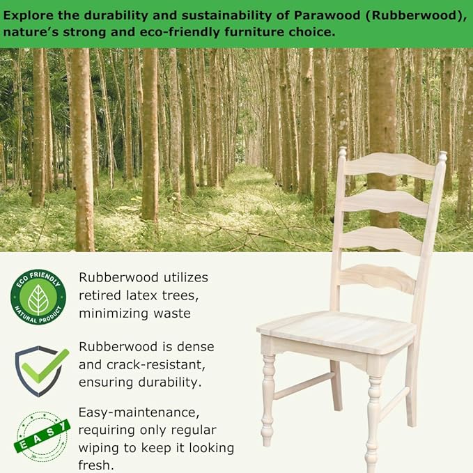 IC International Concepts Set of 2 Maine LadderBack Chairs Dining/Kitchen/Study/Balcony, Solid Wood, Parawood Construction, 20.1"W x 22.6"D x 42.1"H, Ready to Paint or Stain in Any Color, Unfinished
