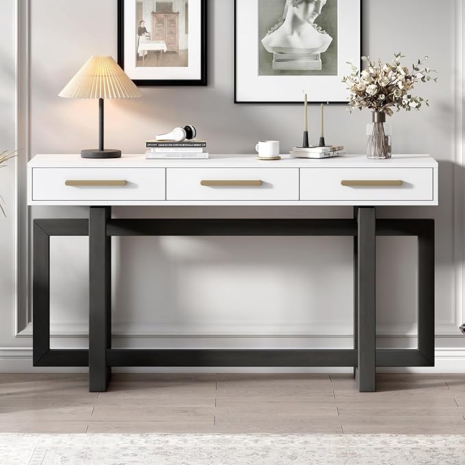 57” Console Sofa Table with 3 Storage Drawers, Modern Long Narrow Behind Couch Furniture for Living Room, Entryway, Foyer, Entrance, Hallway, Front Door, Corridor, Grey and White