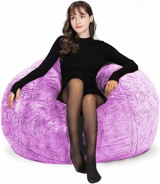 Bean Bag Chair Cover for Adults Kids Comfy Fluffy Oversized Round Beanbag Chair Lazy Sofa Cover for Reading Chair Floor Chair, 3.5FT, Purple