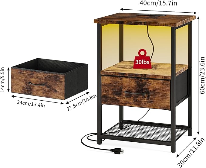 Fixwal Night Stand with Charging Station, LED Nightstand with Fabric Drawers, End Table with PU Finish, Bedside Table, Rustic Brown