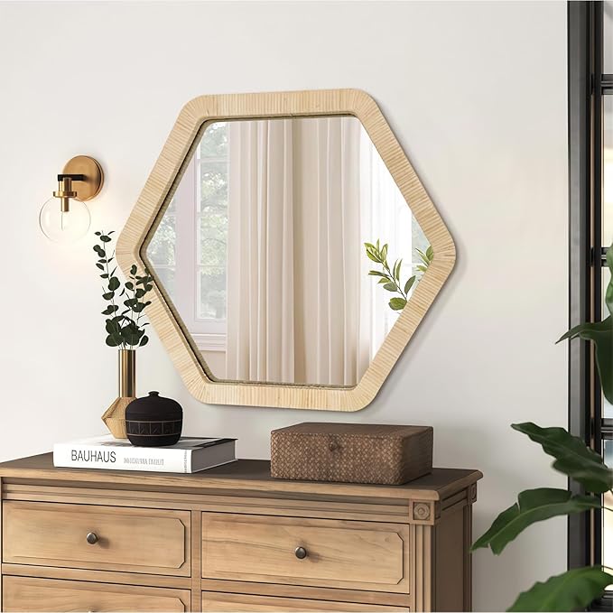 ULIKE Rattan Mirror for Wall, Bathroom 24 Inch Rustic Farmhouse Wall Decor with Handmade Wicker Frame, Boho Woven Mirror for Nursery Bedroom Living Room Entryway