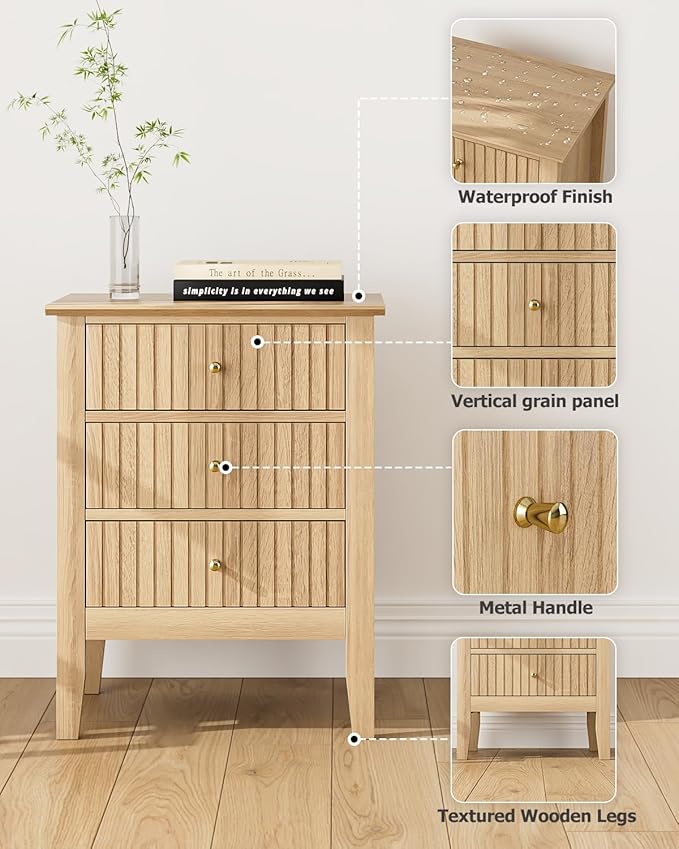 Fluted Nightstand, Farmhouse Night Stand with 3 Drawers, Mid Century Modern Side Accent Table,Bedside End Table for Bedroom, Living Room, Natural