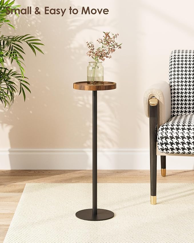 Drink Table, Small Pedestal Side Table, Round Cocktail Table, Circle Accent End Table with Metal Base, for Small Spaces (2, Brown Walnut)