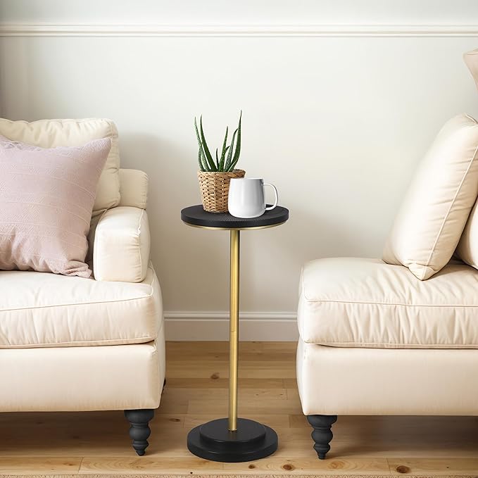 Drink Table Set of 2, Small Round Pedestal Side Table with Carved Top for Living Room, Bedroom, Small Space, Corners and Office, Gold and Black