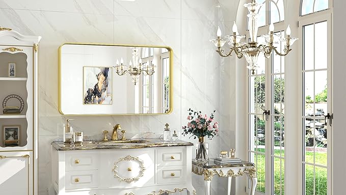 TokeShimi Gold Bathroom Mirror for Wall 40 x 24 Inch Rounded Corner Rectangle in Aluminum Alloy Brass Metal Frame Deep Set Design Hangs Horizontal Or Vertical Farmhouse