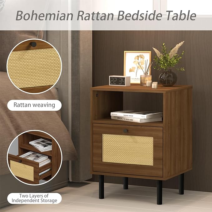 Rattan Nightstand with Storage Boho Modern Farmhouse Bedside Table with Drawer & Open Shelf Light Wood End Table for Bedroom, Living Room, Office, Dorm - Natural Walnut 0ak Color