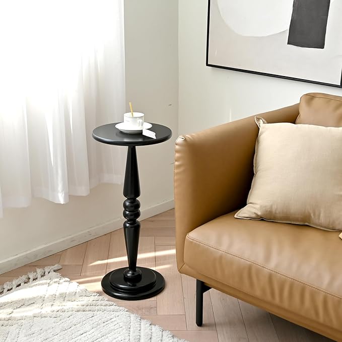 SwallowLiving Small Round Side Table, Tall Pedestal Drink End Tables Living Room, Narrow Night Stand for Small Spaces, Sofa Couch, Bedroom, Modern Wooden Beside Table Home Decor (Black, 12" x 25")