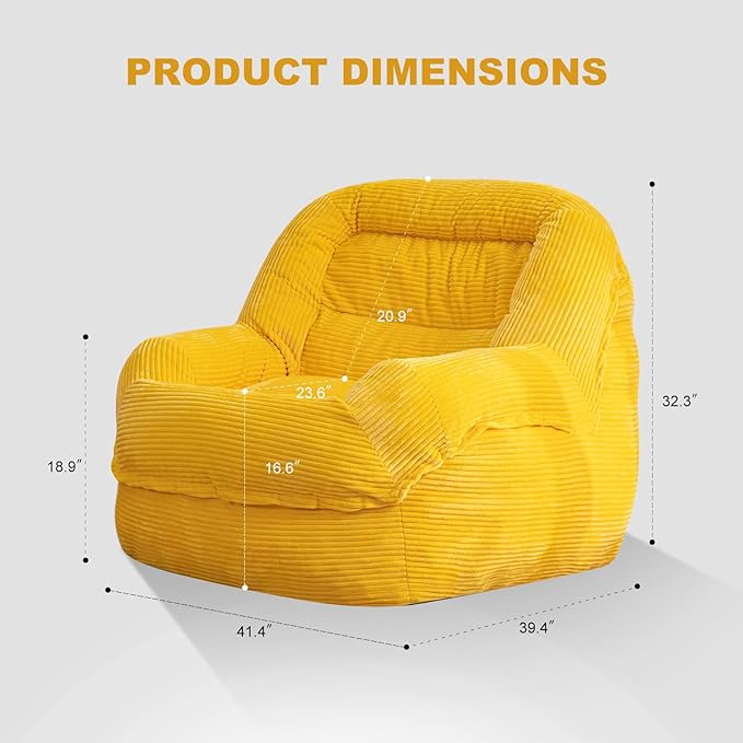 Giant Bean Bag Chair with Armrests - Oversized Cozy Seating for Adults, Corduroy Fabric & High - Density Foam Filling, Ideal Lounge for Living Room, Bedroom & Gaming Room (Corn Yellow)