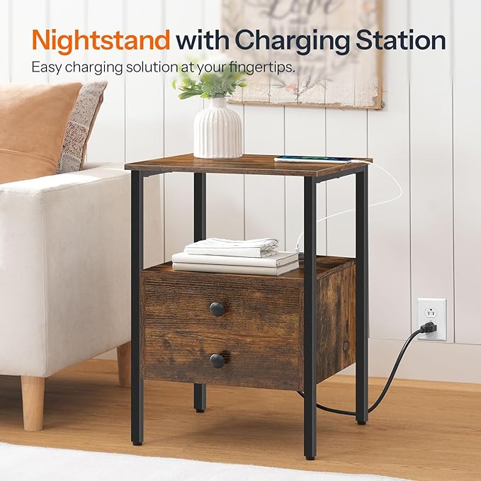 HOOBRO End Table Set of 2 with Charging Station, Nightstand with 2 Drawer & USB Ports & Power Outlets, Bedside Table for Small Spaces, Stable and Sturdy, for Living Room, Rustic Brown BF43UBZP201