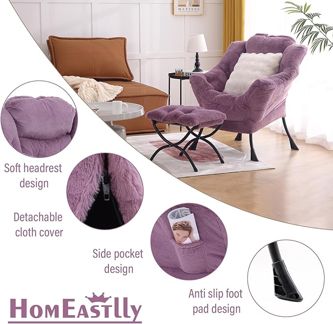 Lazy Chair with Ottoman, Modern Large Accent Lounge Chair with a Pillow, Leisure Sofa Armchair with Ottoman, Reading Chair with Footrest for Bedroom, Living Room, Dorm Rooms,Plush Purple