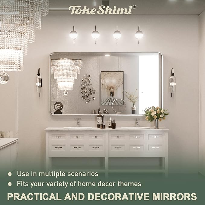 TokeShimi 60 x 36 Inch Brushed Silver Bathroom Mirror for Wall Brushed Brass Metal Rounded Corner Rectangle Mirror Metal Frame Deep Set Design Hangs Horizontal Or Vertical