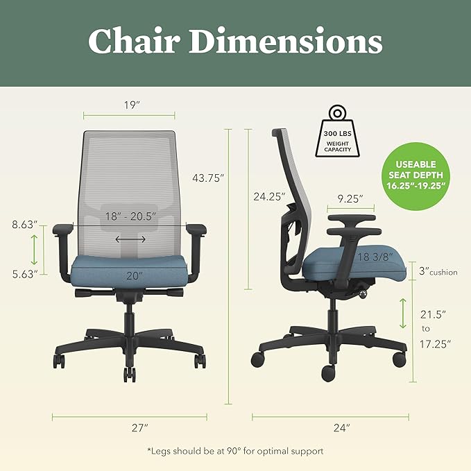 HON Ignition 2.0 Ergonomic Office Chair, Adjustable Tilt, Swivel Wheels, Comfy for Long Hours, Home Office Desk Chairs, Blue