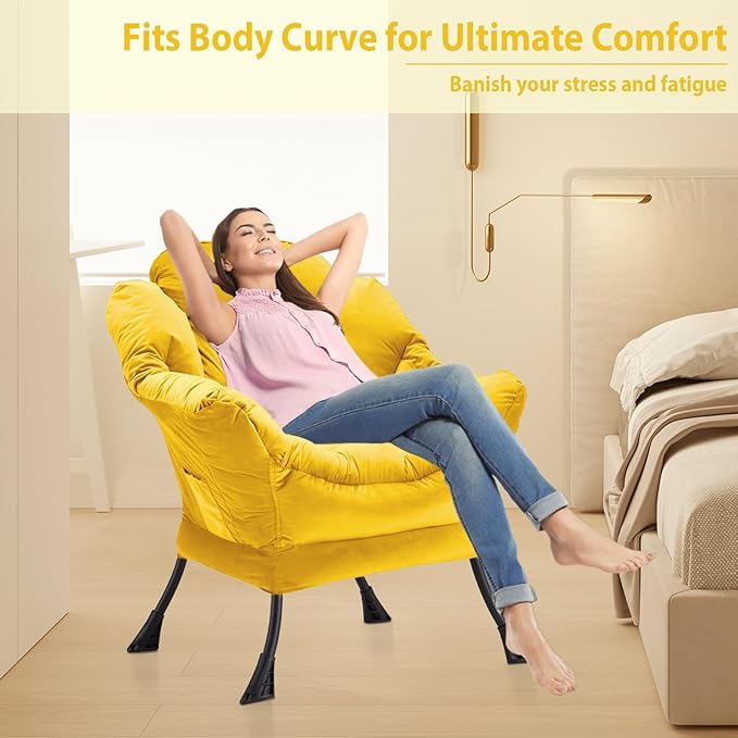 Lazy Chair Thick Padded, Comfy Velvet Accent Lounge Chair with Stable Frame, Leisure Sofa Armchair with Armrests and Side Pocket, Reading Chair for Bedroom, Living Room, Office, Yellow