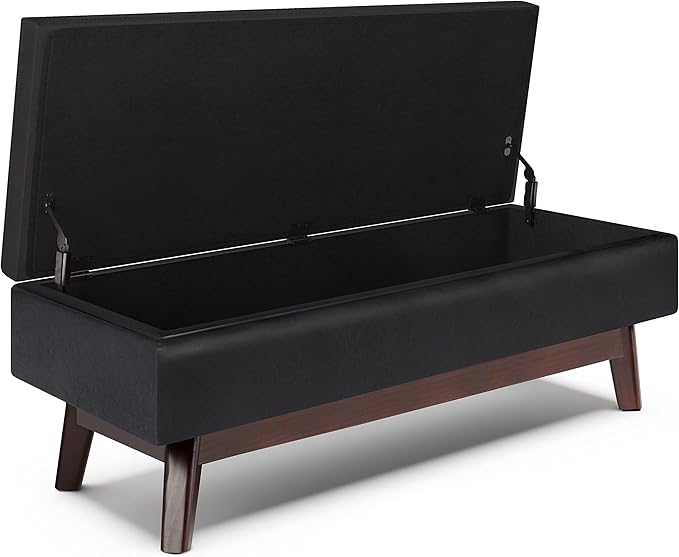 SIMPLIHOME Owen 48 inch Wide Mid Century Modern Rectangle Rectangular Storage Ottoman in Midnight Black Vegan Faux Leather, Assembled, for the Living Room, Entryway and Family Room